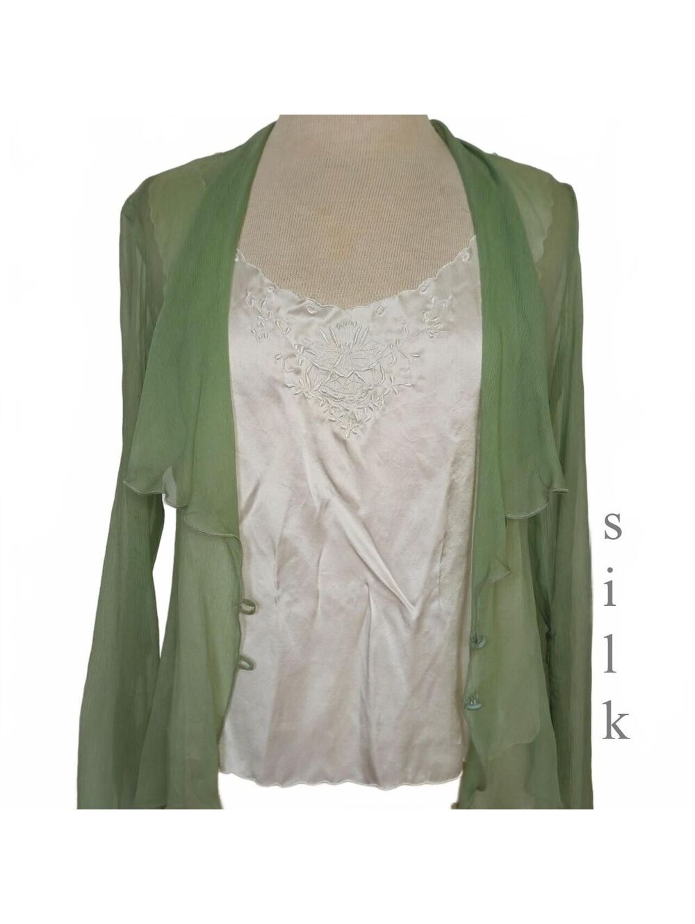 white 100% silk tank top with floral embroidery xl